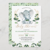 Little Man Elephant Greenery Gold Boy Baby Shower Invitation