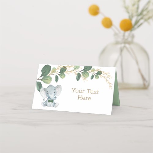 Little Man Elephant Watercolor Green Gold Greenery Place Card