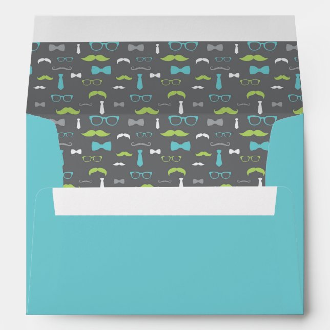 Little Man Envelope, Mustache, Teal, Gray, Green Envelope (Back (Bottom))