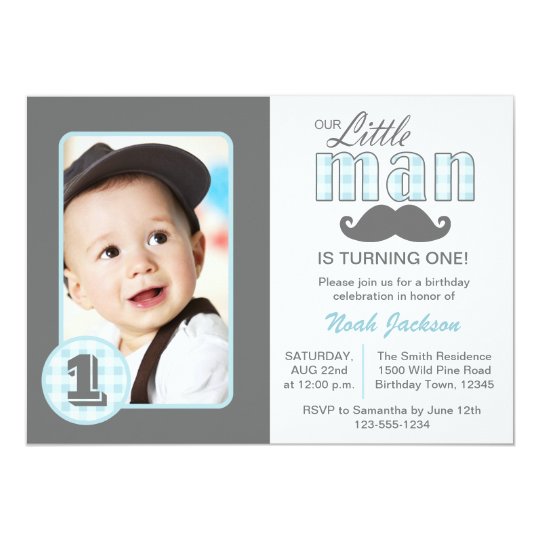 Little Man First Birthday Mustache Blue Grey Photo Invitation Little Man First Birthday Mustache Blue Grey Photo Invitation Zazzle