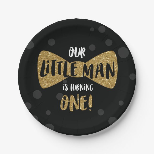 Little Man First Birthday Paper Plates, Gold Plates (Front)