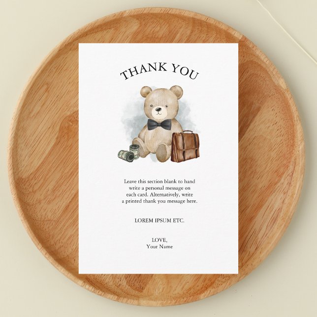 Little Man Gentleman Baby Shower Teddy Bear Thank You Card (Little Man is on The Way - Funny Boy Baby Shower Theme featuring Teddy Bear - Thank You Card)
