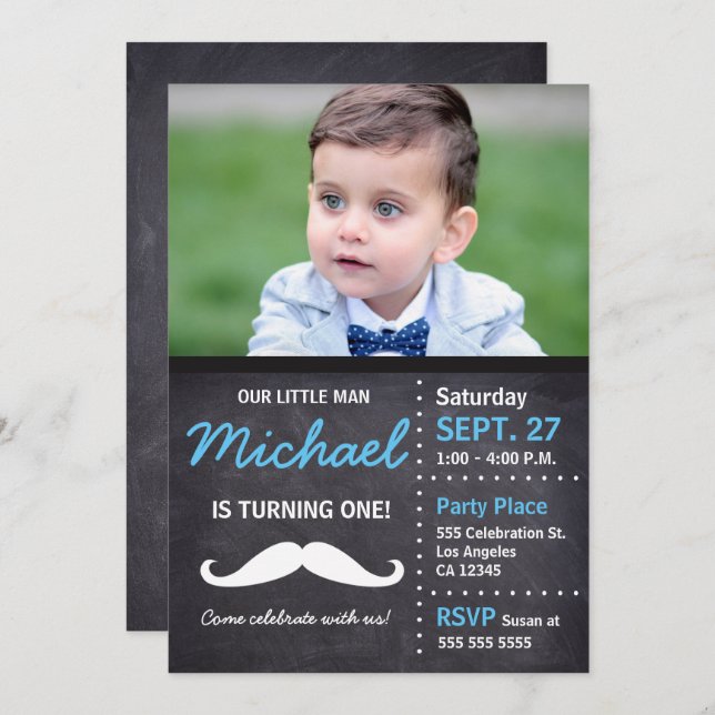 Little Man is turning 1 | Birthday Mustache theme Invitation (Front/Back)