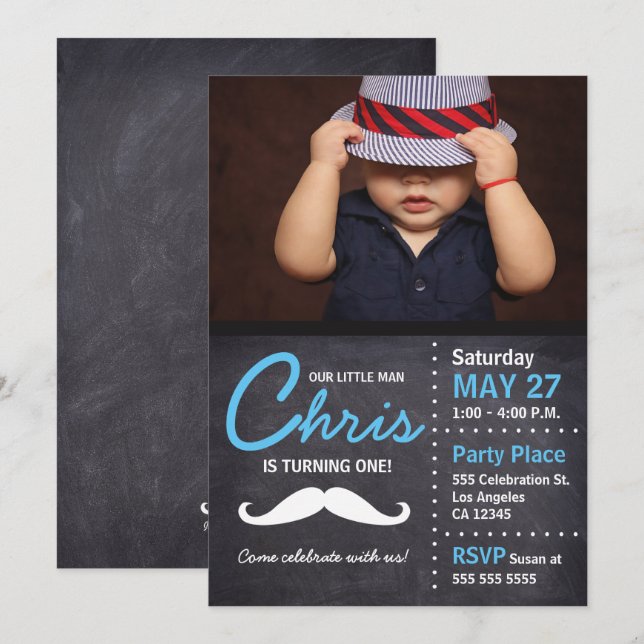 Little Man is turning one - photo, mustache, chalk Invitation (Front/Back)
