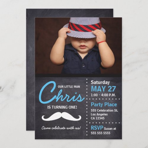 Little Man is turning one _ photo mustache chalk Invitation