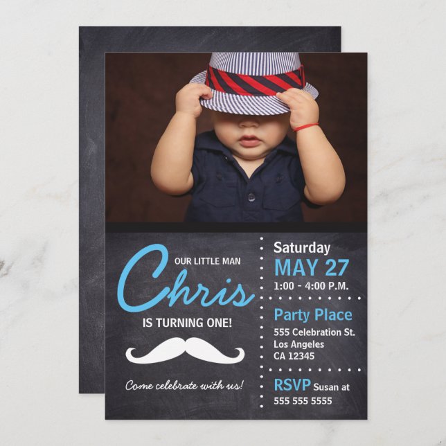 Little Man is turning one - photo, mustache, chalk Invitation (Front/Back)