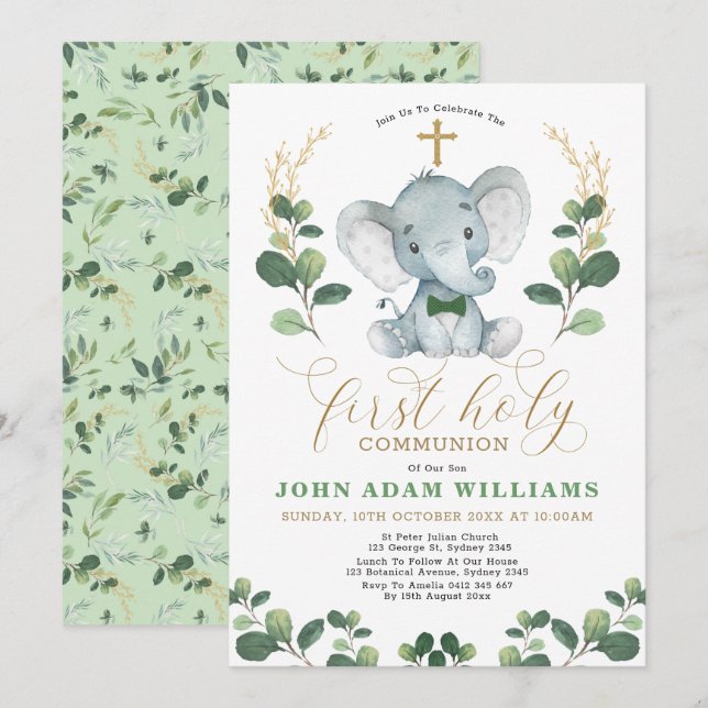 Little Man Jungle Elephant First Holy Communion Invitation (Front/Back)