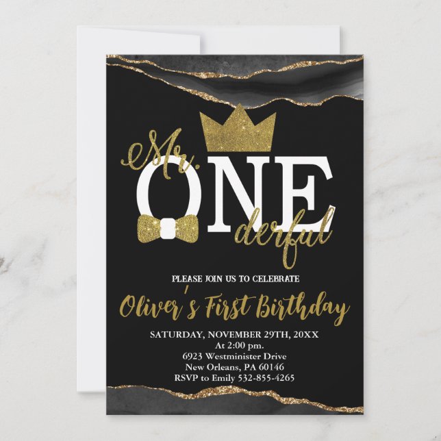 Little Man, Mr One-derful Birthday, Black & Gold Invitation (Front)