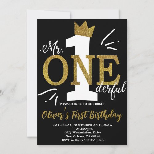 Little Man Mr One_derful Birthday Black  Gold Invitation