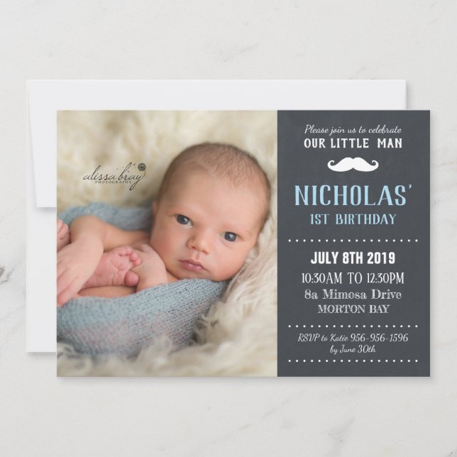 Little Man Mustache 1st Birthday Boy Chalkboard Invitation (Front)