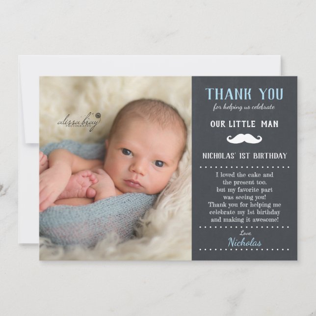 Little Man Mustache 1st Birthday Boy Chalkboard Thank You Card (Front)