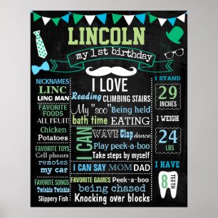 Little man Mustache 1st Birthday party chalk board Poster