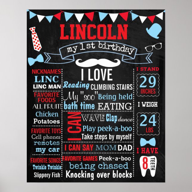 Little man Mustache 1st Birthday party chalkboard Poster (Front)