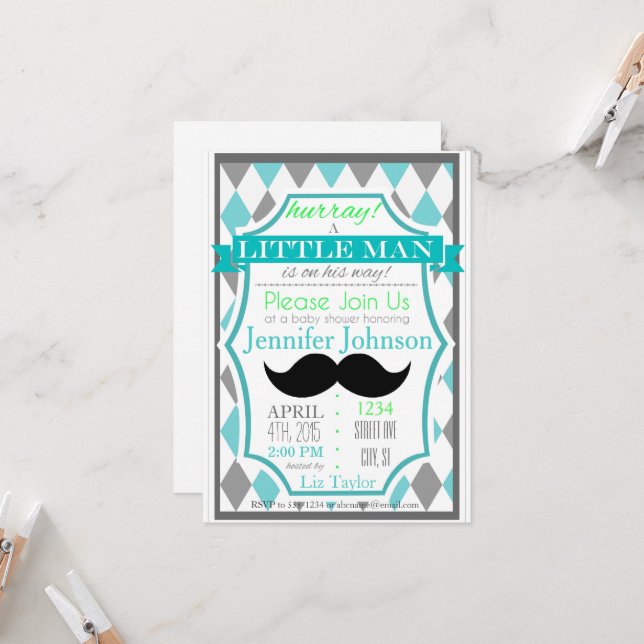 Little Man Mustache Baby Shower Invitations (Front/Back In Situ)