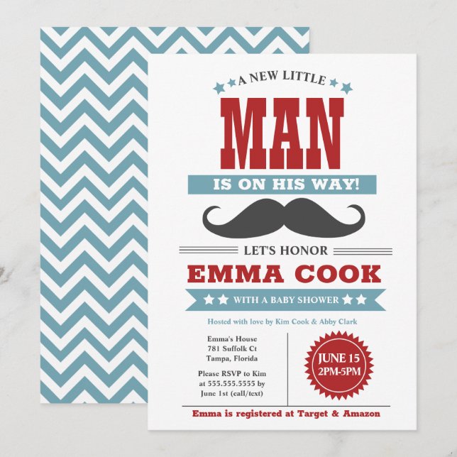 Little Man Mustache Bash Boy Baby Shower Invitation (Front/Back)