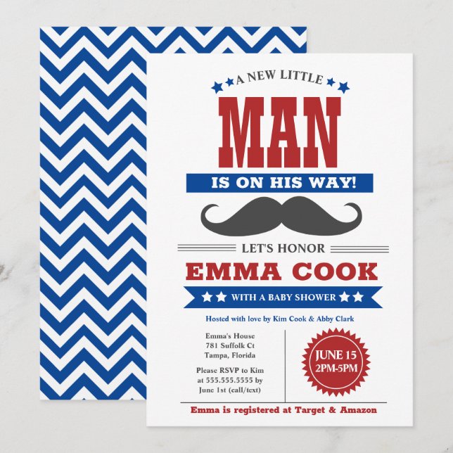 Little Man Mustache Bash Boy Baby Shower red blue Invitation (Front/Back)