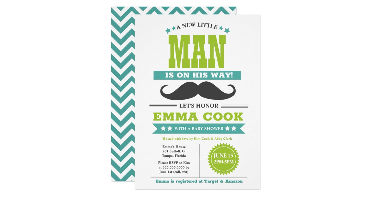 Little Man Mustache Bash Boy Baby Shower Teal Lime Invitation