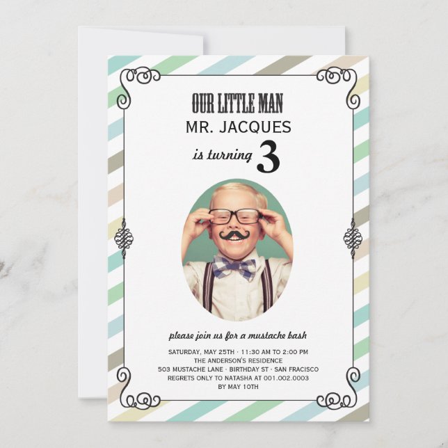 Little Man Mustache Bash Boy Birthday Party Invite (Front)