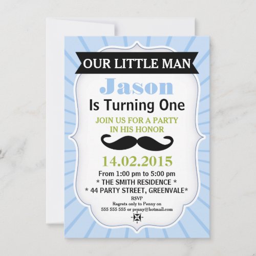 Little Man Mustache Birthday Invitation