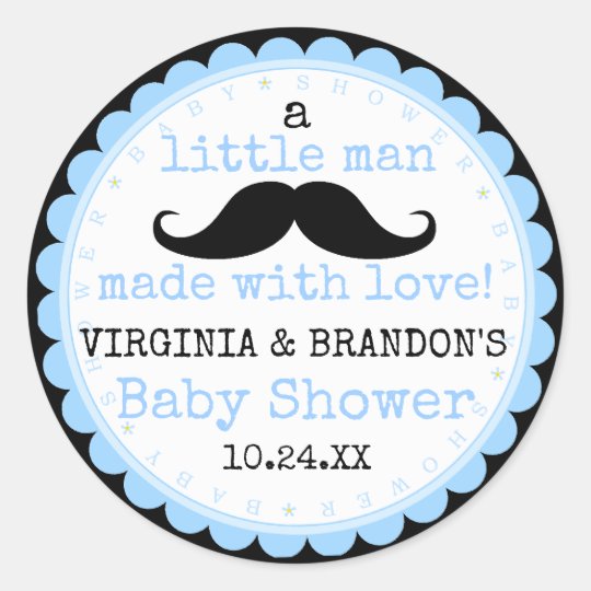 Little Man Mustache Blue Baby Shower Guest Favor Classic Round Sticker | Zazzle.com