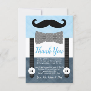 little man mustache blue navy blue boy baby shower thank you card