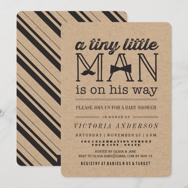 Little Man Mustache Bow Tie Kraft Boy Baby Shower Invitation (Front/Back)