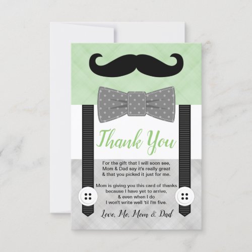little man mustache boy green gray baby shower thank you card