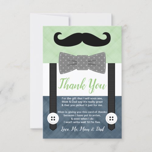 little man mustache boy green navy baby shower thank you card