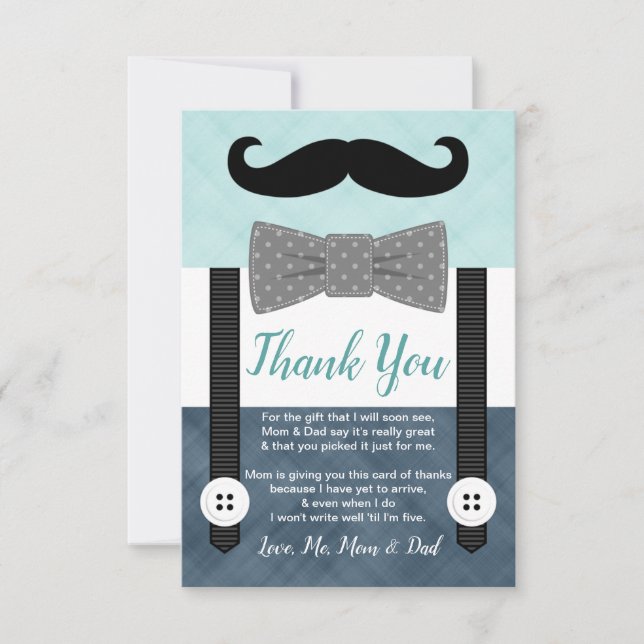 little man mustache boy mint navy blue baby shower thank you card (Front)
