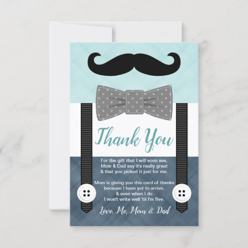 little man mustache boy mint navy blue baby shower thank you card