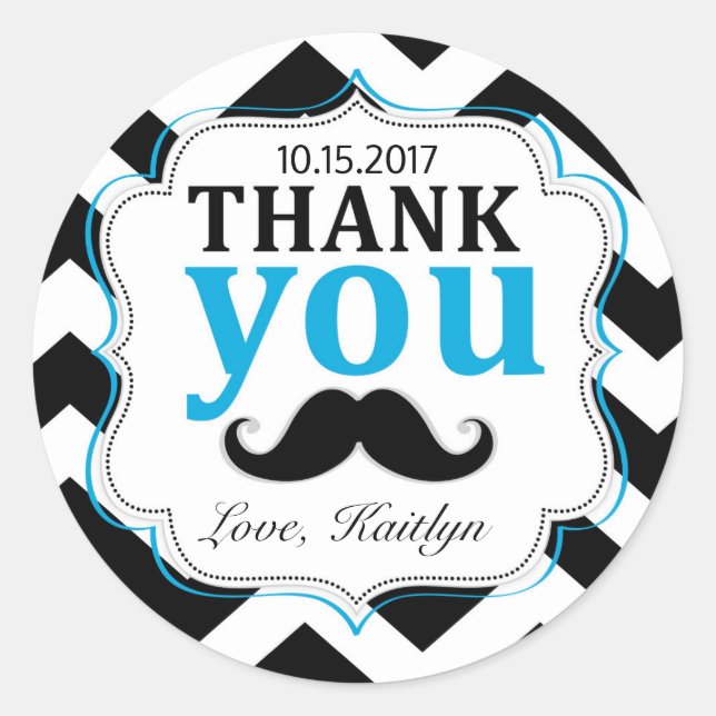 Little Man Mustache Chevron Print Thank You Classic Round Sticker (Front)