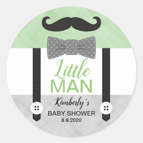 Little man mustache green gray boy baby shower classic round sticker