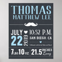 Little Man Mustache New Baby Boy Birth Stats Poster