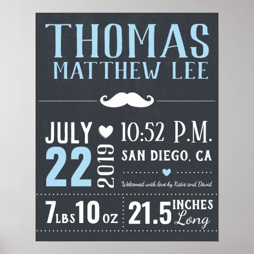 Little Man Mustache New Baby Boy Birth Stats Poster