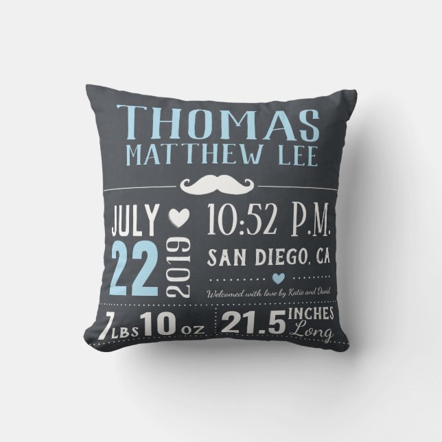 Little Man Mustache New Baby Boy Birth Stats Throw Pillow (Front)