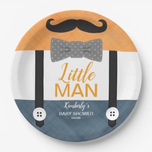 little man mustache orange navy boy baby shower paper plates
