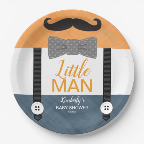 little man mustache orange navy boy baby shower paper plates