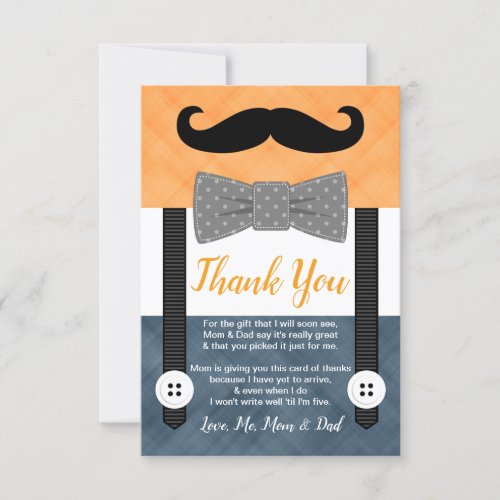 little man mustache orange navy boy baby shower thank you card