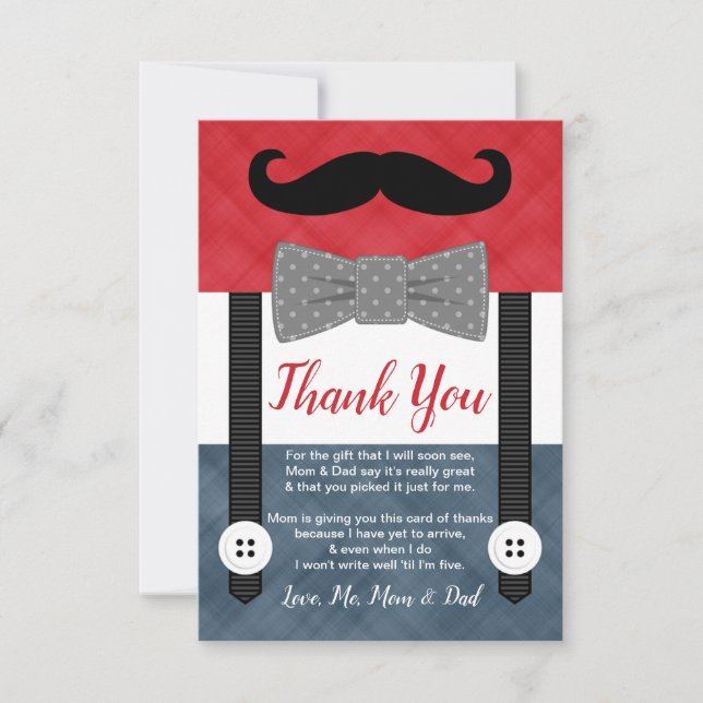 little man mustache red navy boy baby shower thank you card (Front)