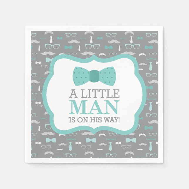Little Man Napkin, Turquoise and Gray Paper Napkins (Front)
