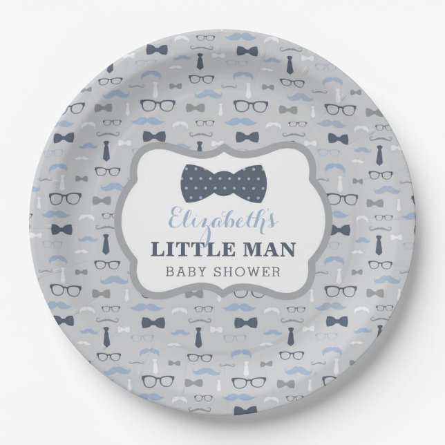 Little Man Paper Plate, Navy, Gray Plates (Front)