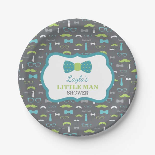 Little Man Paper Plate, Teal, Lime, Gray Plates (Front)