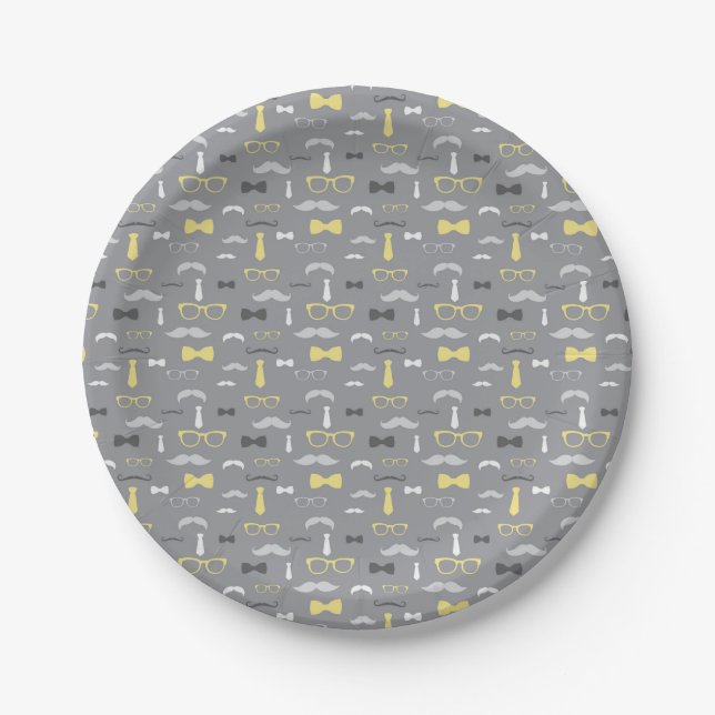 Little Man Paper Plate, Yellow, Gray Plates (Front)