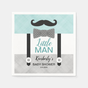 Little man suspenders green gray boy baby shower napkins