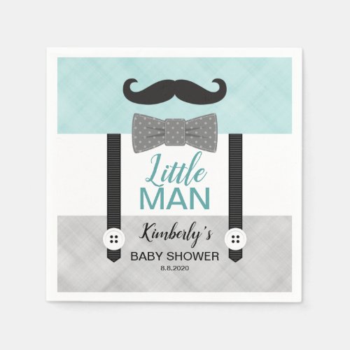 Little man suspenders green gray boy baby shower napkins