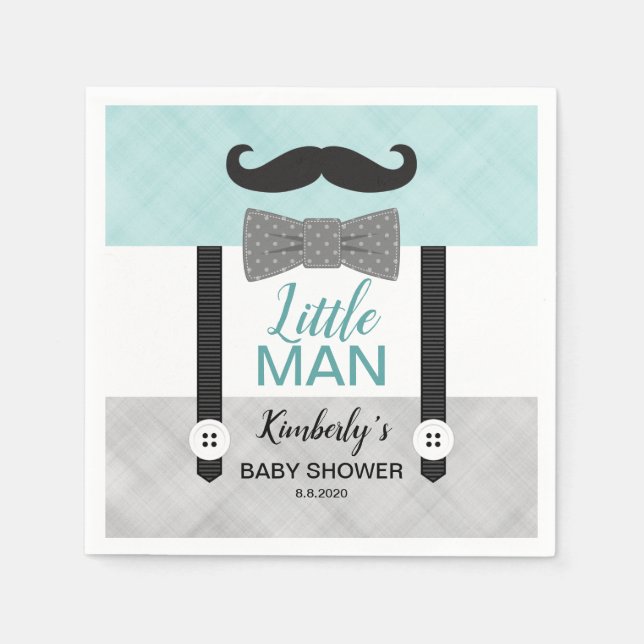 Little man suspenders green gray boy baby shower napkins (Front)