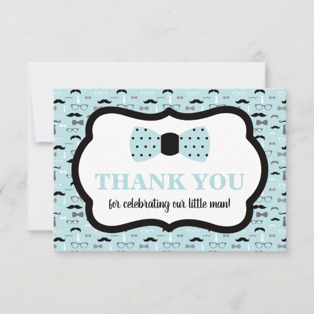 Little Man Thank You Card, Bow Tie, Blue, Black Invitation (Front)
