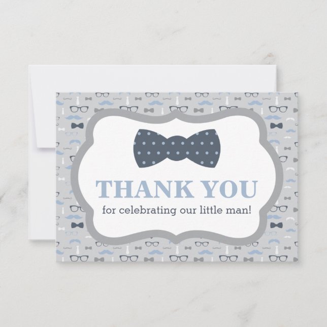 Little Man Thank You Card, Bow Tie, Blue, Gray (Front)
