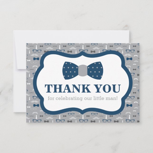 Little Man Thank You Card, Bow Tie, Navy, Gray Card (Front)