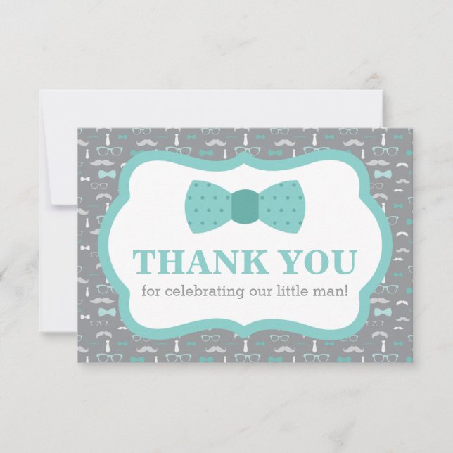 Little Man Thank You Card, Bow Tie, Turqoise, Gray Card (Front)